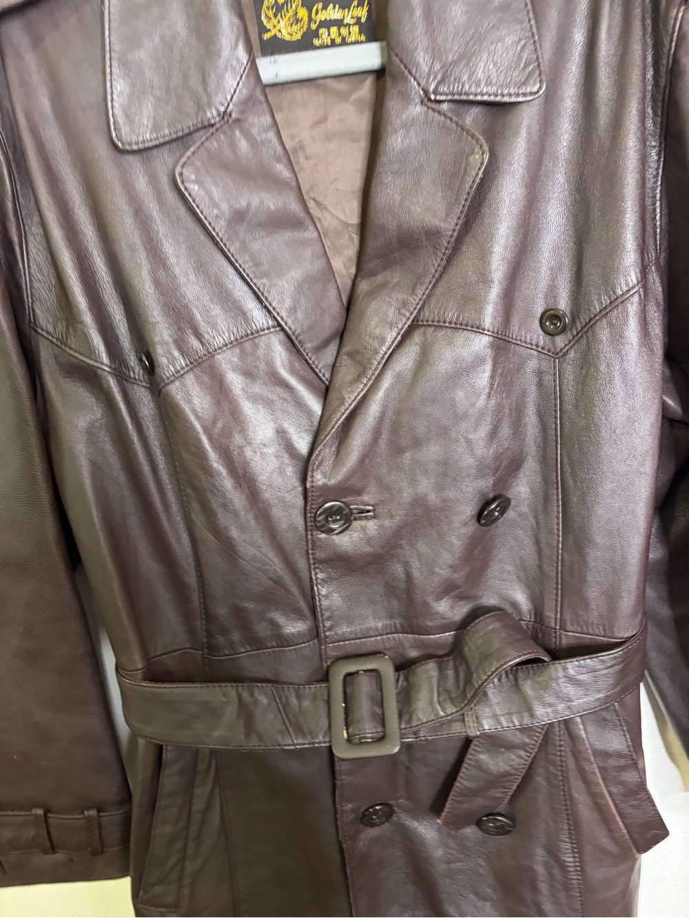 Vintage 70s Brown Leather Trench Coat women’s chocolate L XL belted long - Picture 13 of 15